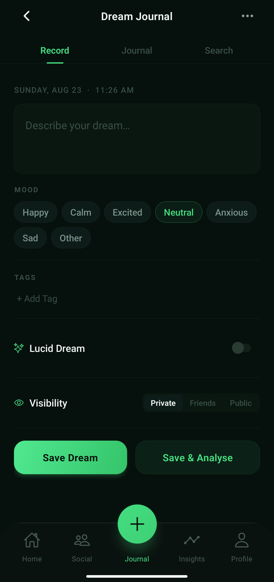 Noctra Voice Dream Journal Screen on Android