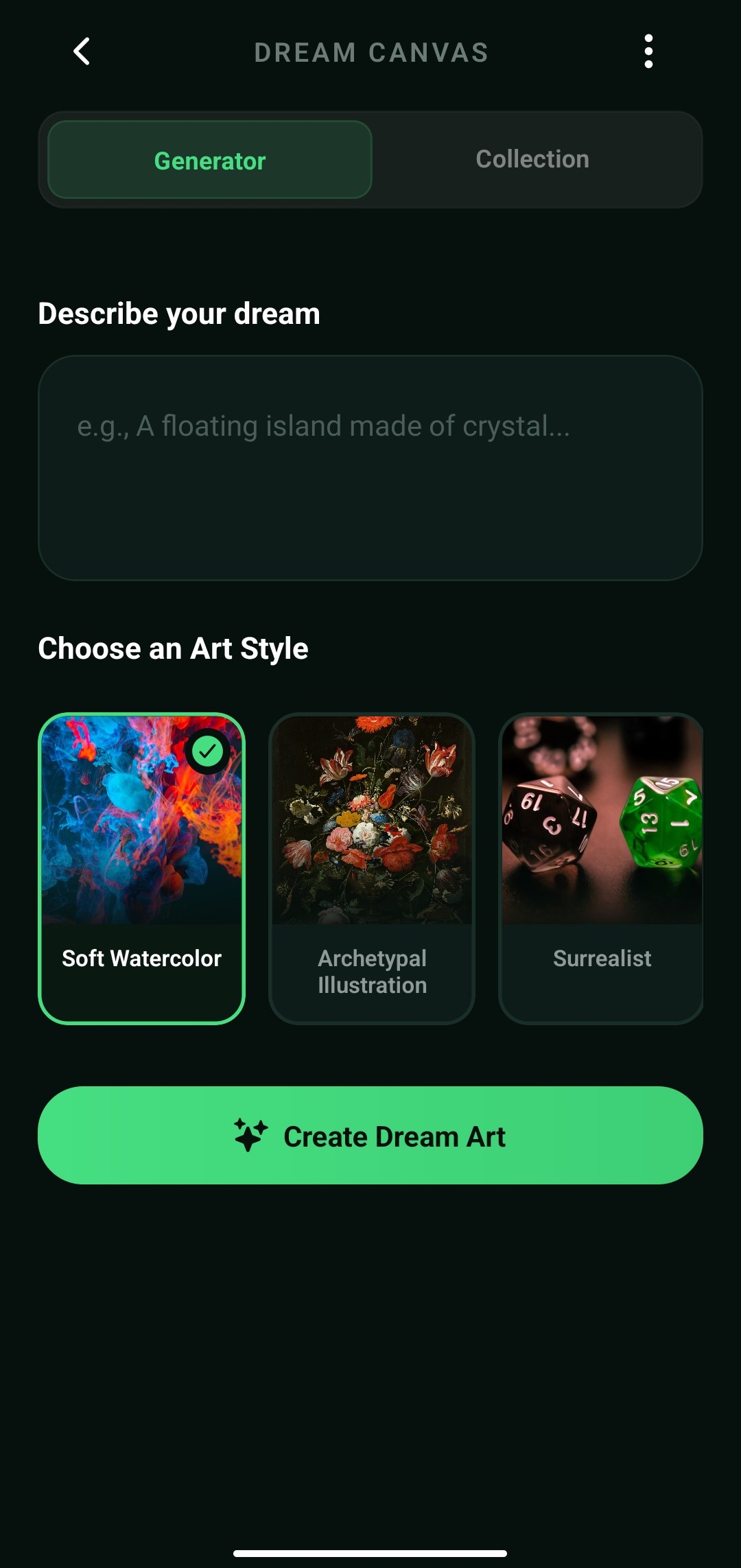 Noctra AI Dream Visualizer Screen on Android